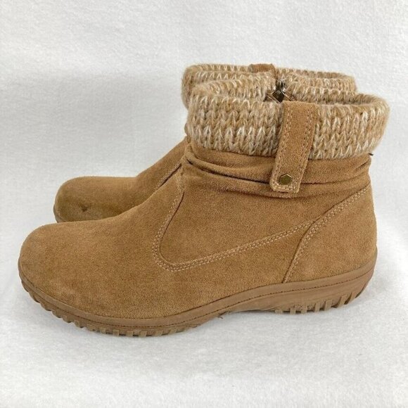 Khombu Laura All Weather Leather Knit Cuffs Ankle Boots Chestnut Brown 11M - Picture 2 of 8